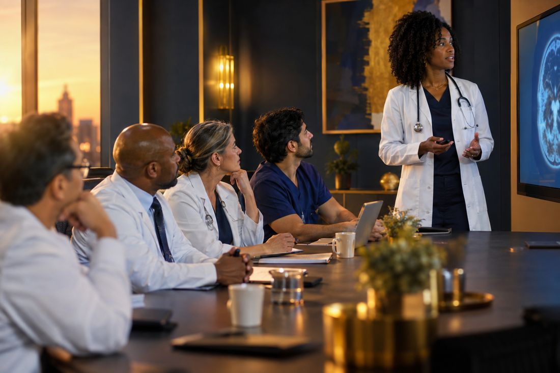 A physician presenting to a medical association board around a conference table