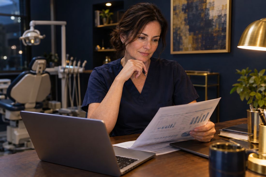 A dentist reviewing a printed financial plan at her practice desk in the evening