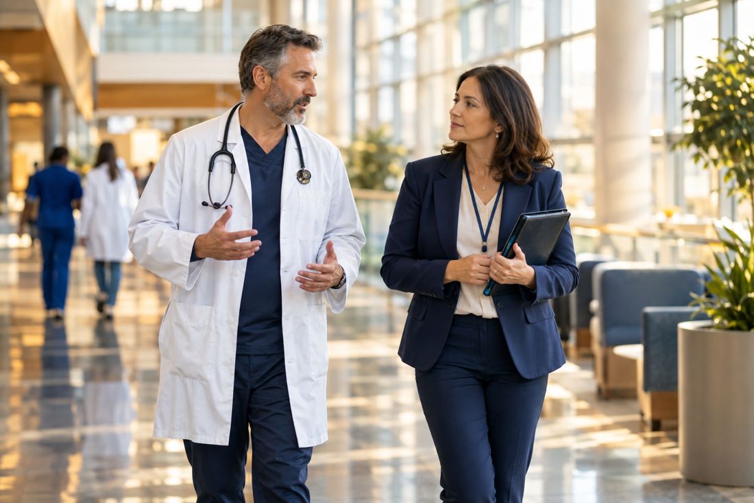 A physician executive and a benefits director talking in a hospital atrium