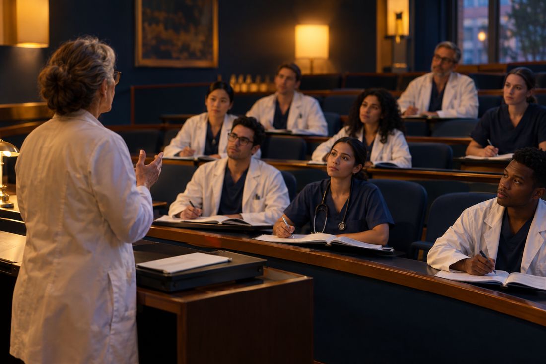 Medical faculty and residents taking notes in an evening seminar